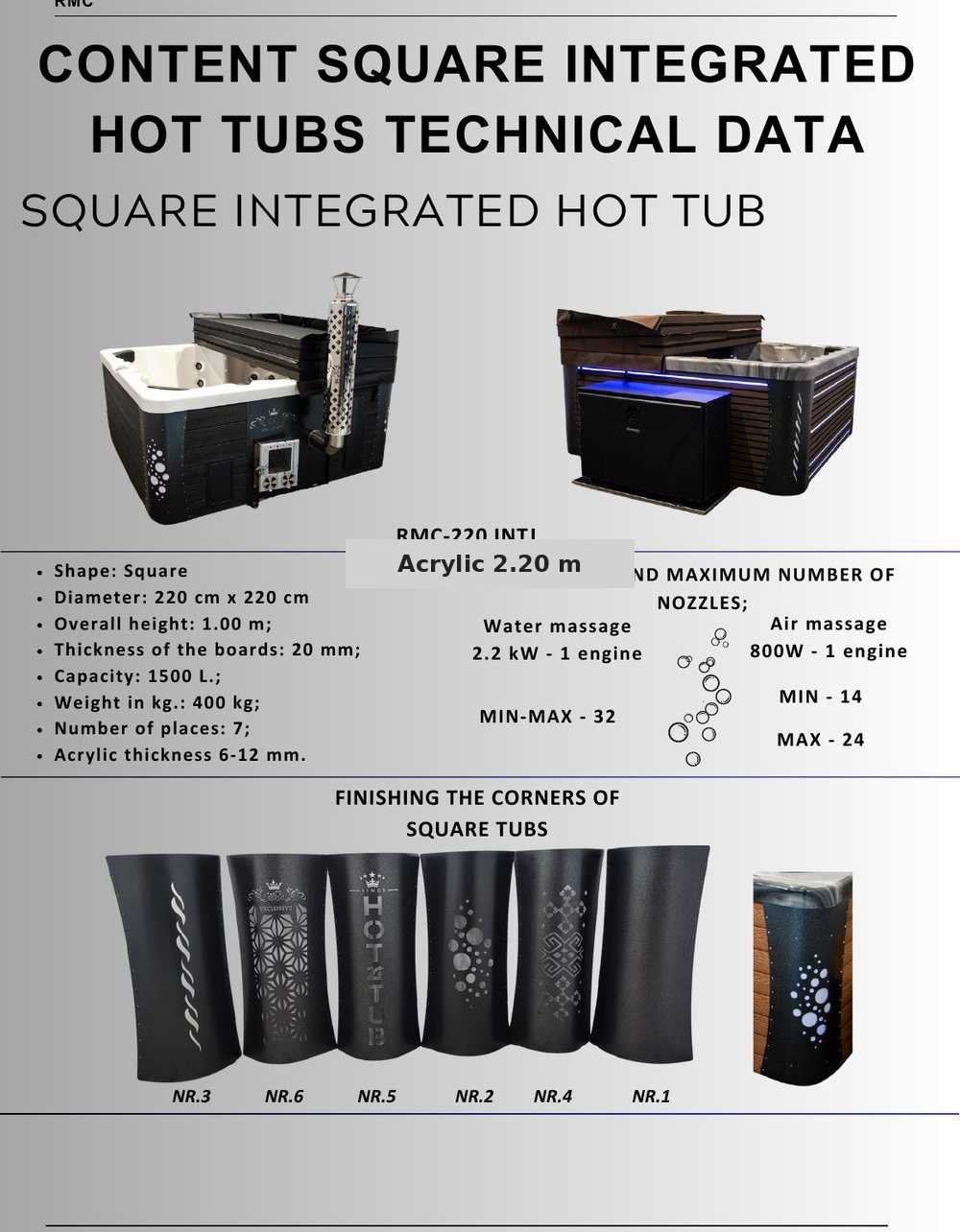 Square integrated hot tub technical information