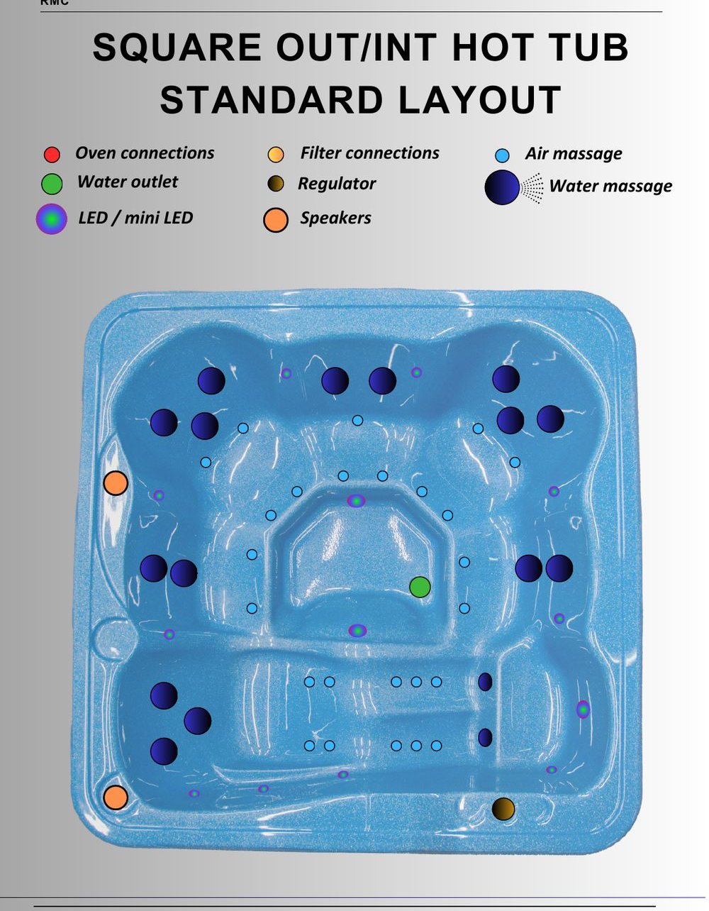 Square external hot tub seating layout